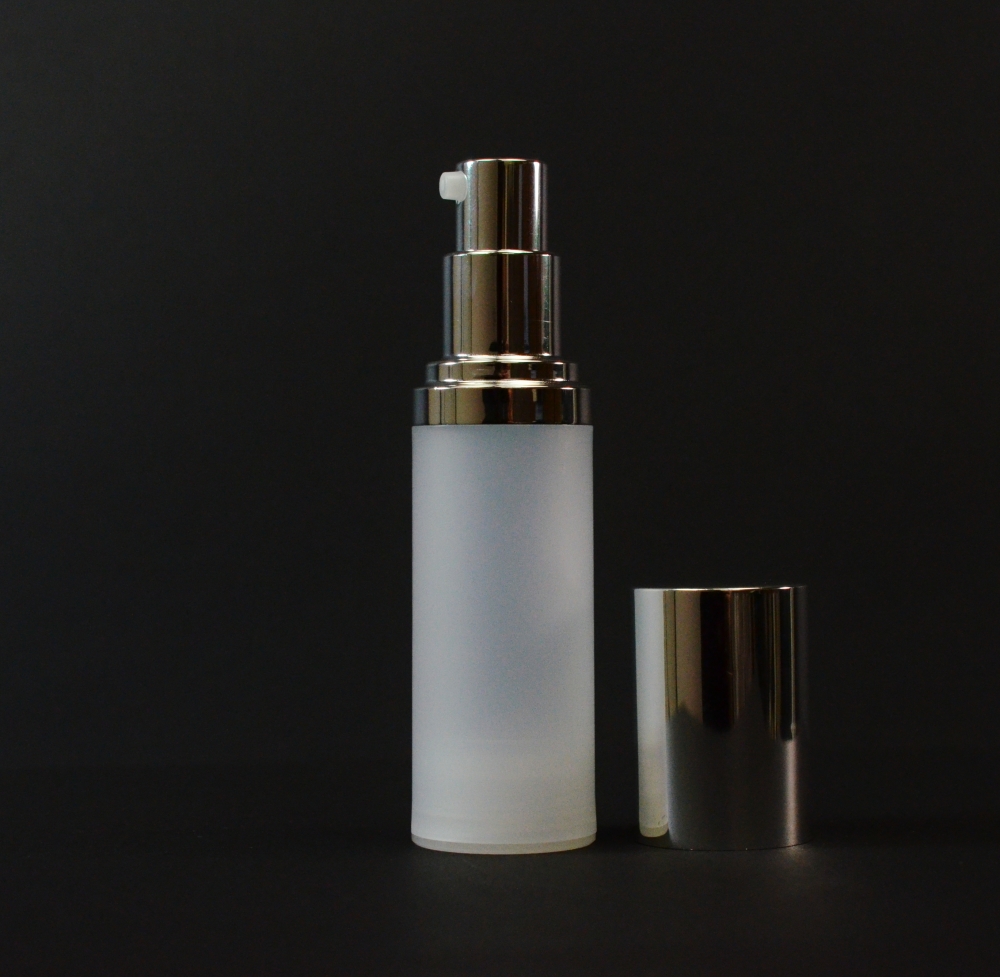 30 ml Airless Frosted Bottle Shiny Silver Pump and Hood PP
