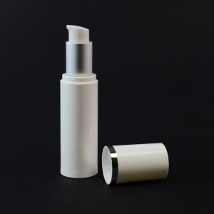 Airless Bottle 30ml White with Matte Silver Collar and White Hood_2984