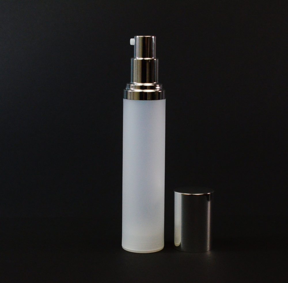 50 ml Airless Frosted Bottle Shiny Silver Pump and Hood PP
