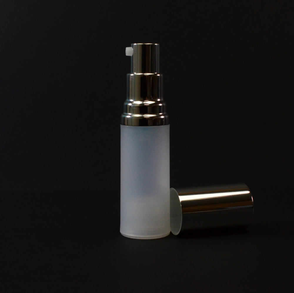 15 ml Airless Frosted Bottle Shiny Silver Pump and Hood PP