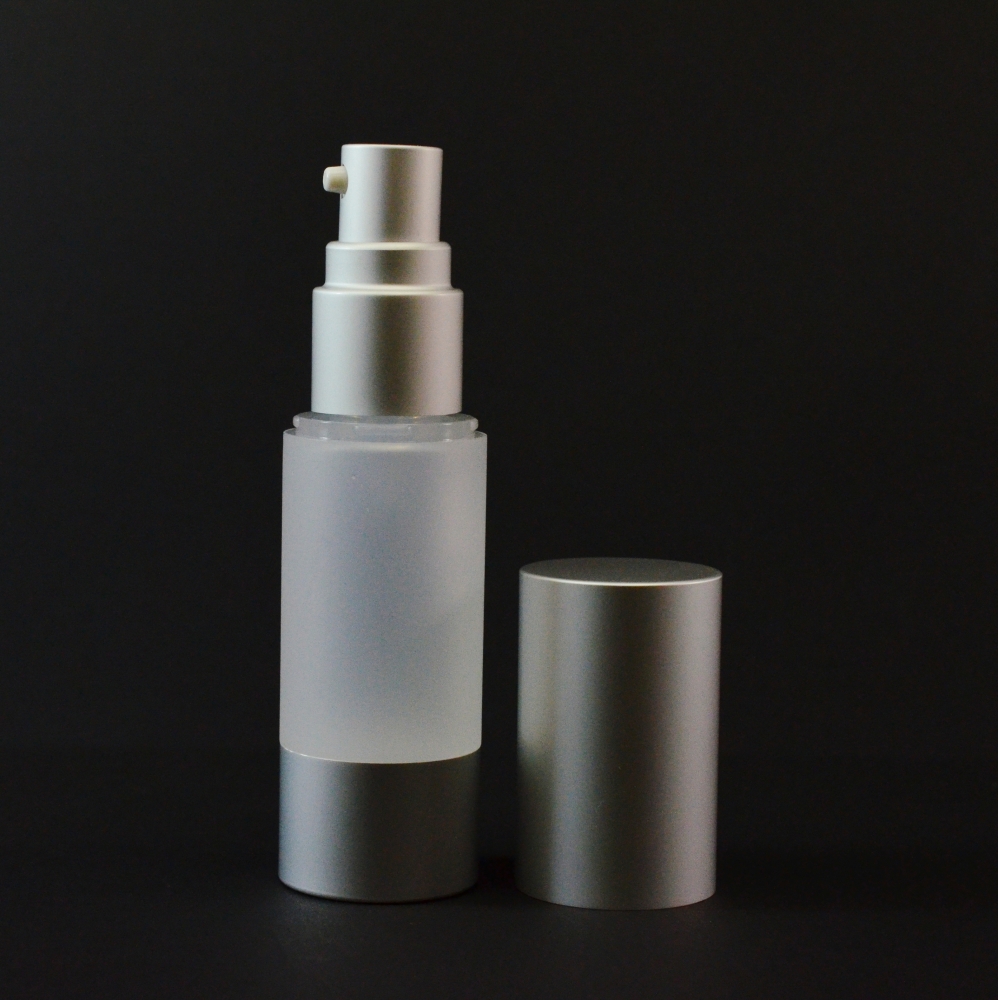 15 ml Airless Frosted Bottle with Matte Silver Pump and Hood