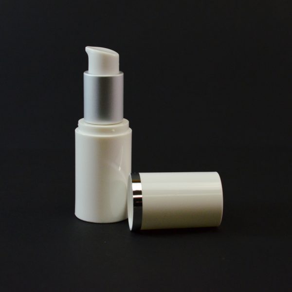 Airless Bottle 15ml White with Matte Silver Collar and White Hood_2983