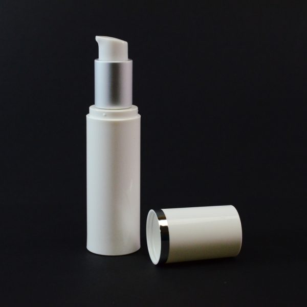 Airless Bottle 30ml White with Matte Silver Collar and White Hood_2984