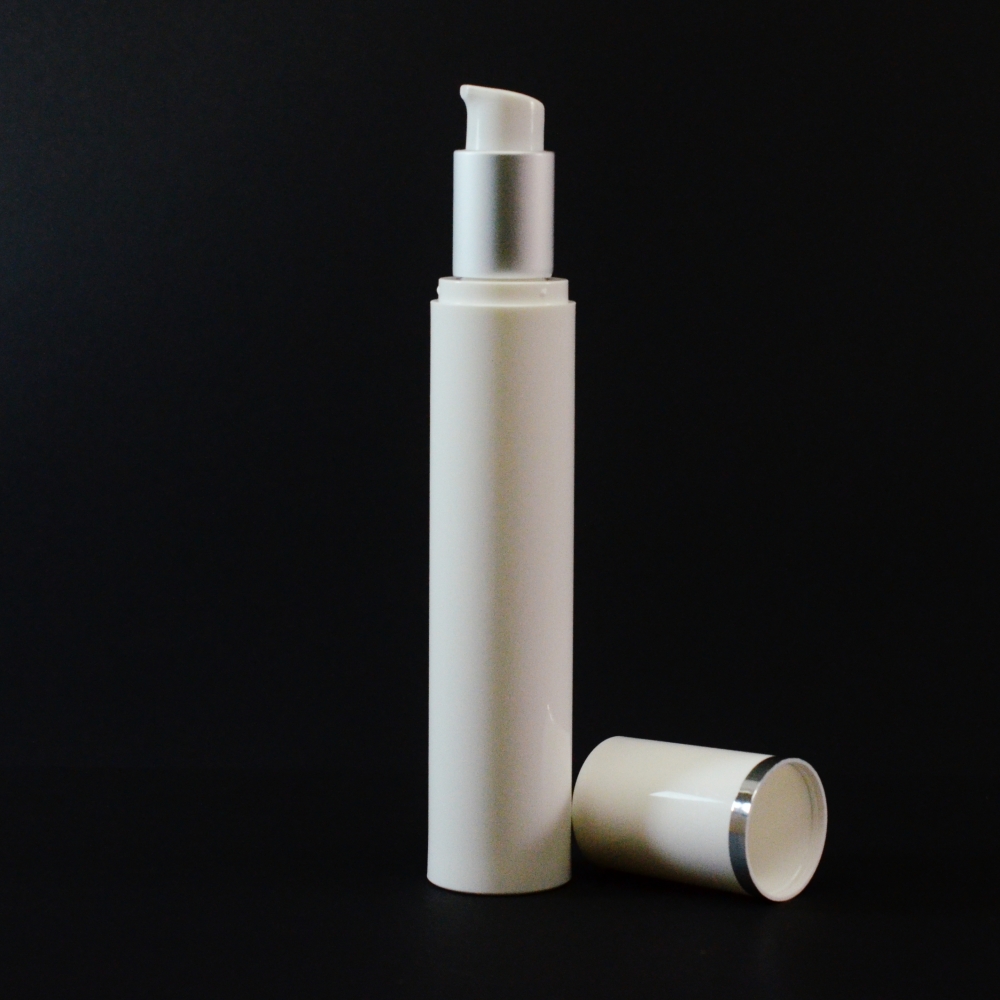50 ml Airless White Bottle with Matte Silver Collar and White Hood