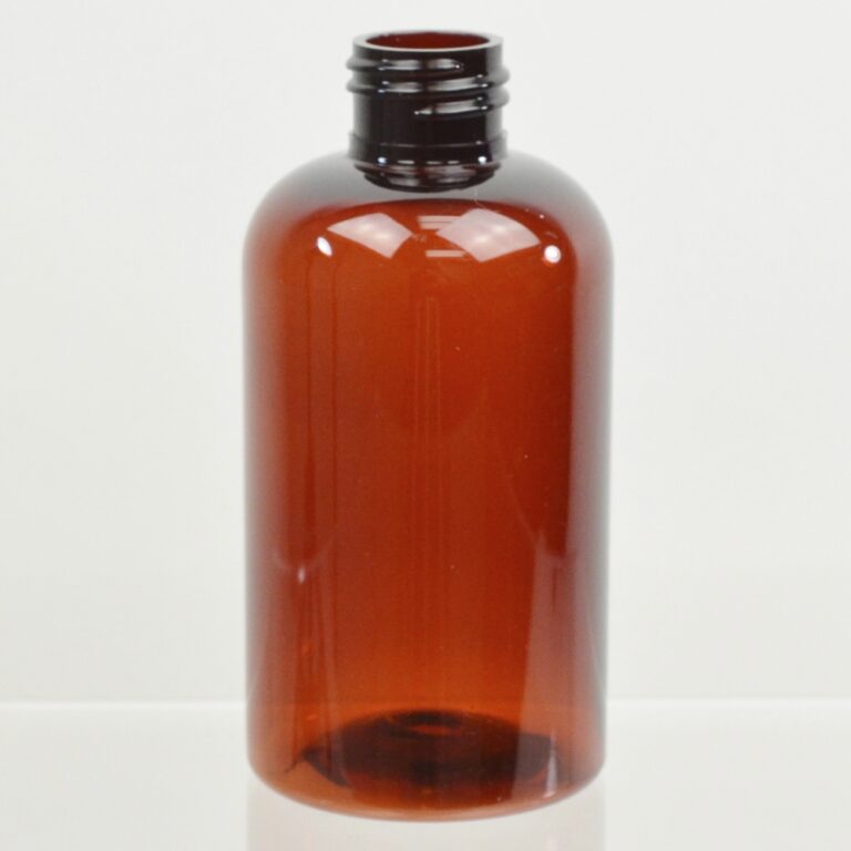 6 Oz 24/410 Squat Boston Round Amber PET Bottle - PackagingBuyer