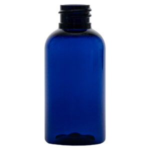 Blue glass bottle with a black cap.