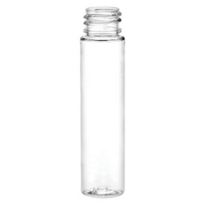 Clear glass bottle with a threaded neck.