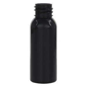 Black plastic bottle with a screw cap.