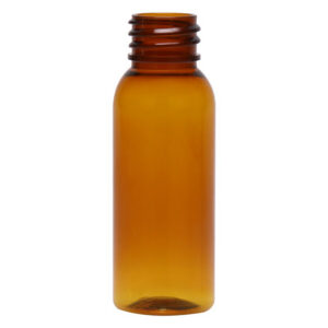 Amber plastic bottle with screw cap.