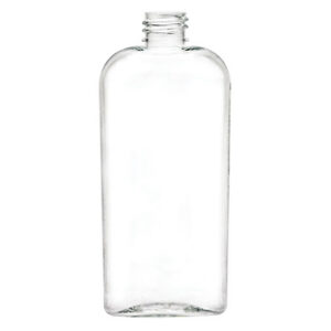 Clear glass bottle with a narrow neck.