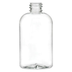 Clear glass bottle with a narrow neck.