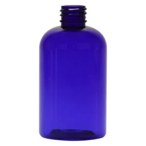 Cobalt blue plastic bottle without label.