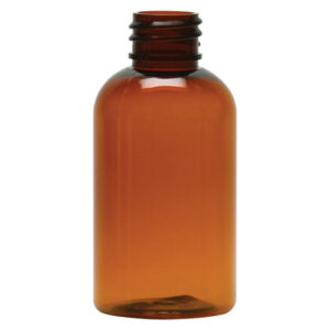 Amber plastic bottle with a screw cap.