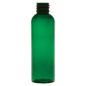 Green plastic bottle with a screw cap.