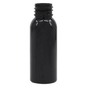 Black plastic bottle with a screw top.