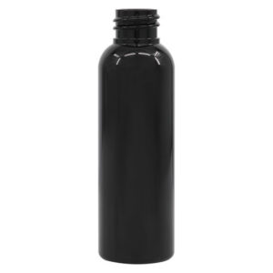 Black plastic bottle with a screw cap.