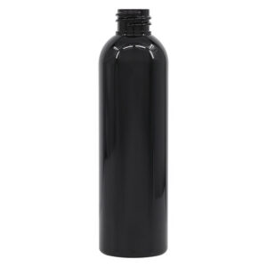 Black plastic bottle with a screw cap.