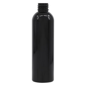 Black plastic bottle with a screw cap.