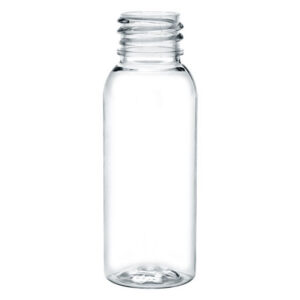 Clear glass bottle with a wide neck.