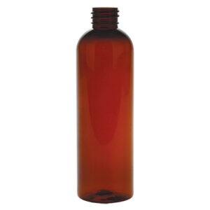Amber plastic bottle with screw cap.