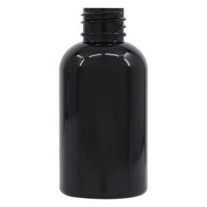 Black plastic bottle with a screw cap.