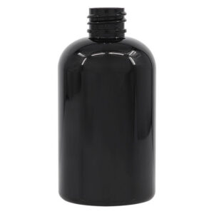 Black plastic bottle with screw cap.