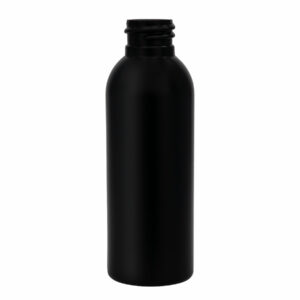 Black plastic bottle with a screw top.
