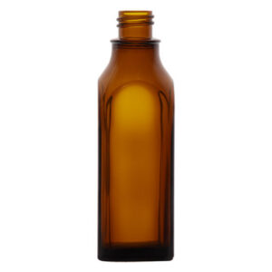 Amber glass bottle with a narrow neck.