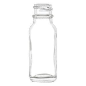 Clear glass bottle with a narrow neck.
