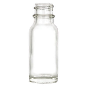 Clear glass bottle with a narrow neck.