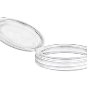 Clear cosmetic container with lid open.