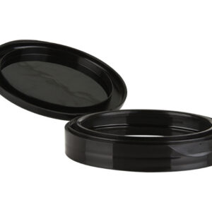Black circular container with a removable lid.