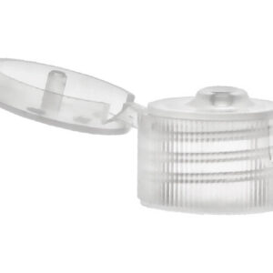 Clear plastic bottle cap with hinged lid.
