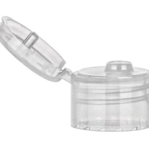Clear plastic bottle cap with hinge.