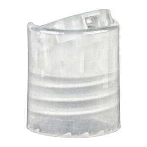 Clear plastic bottle cap with ridges.