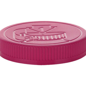 Pink plastic bottle cap with embossed design.
