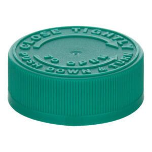 Green plastic bottle cap with instructions.