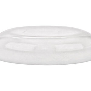 Clear oval soap dish on white background.
