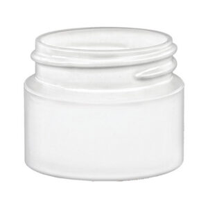 White cosmetic jar with a screw lid.