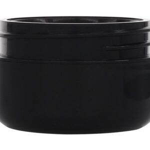 Black cosmetic jar with lid.
