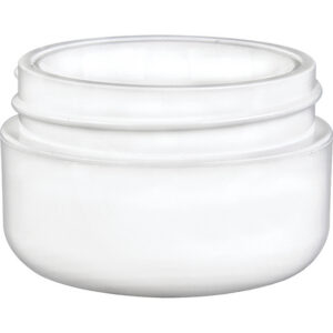 Frosted glass cosmetic jar with lid.