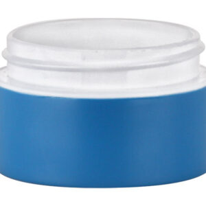 Blue cosmetic container with a white lid.