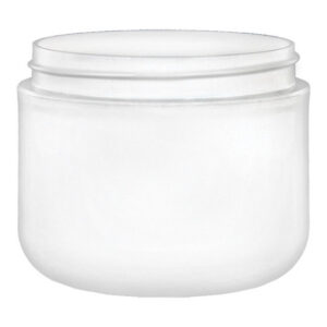 Frosted glass cosmetic jar with lid.