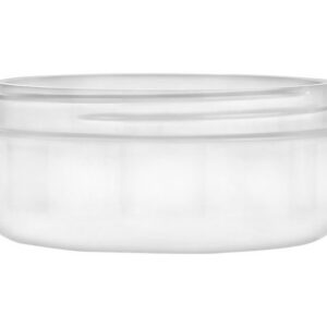 Clear cosmetic jar with lid.