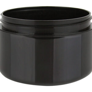 Black cosmetic jar with a smooth finish.