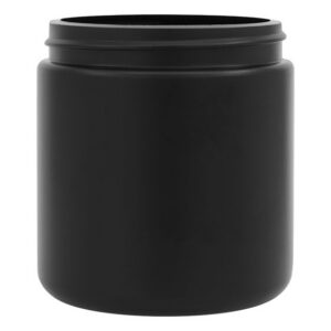 Black cylindrical container with lid.