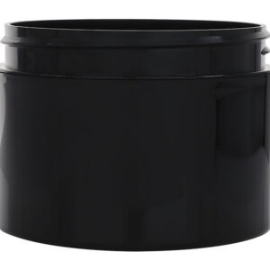 Black cylindrical container with lid.
