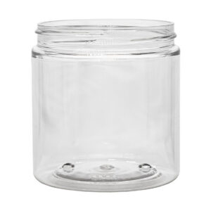 Clear glass jar with a wide opening.