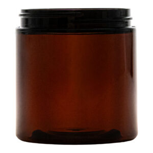 Amber glass jar with black lid.