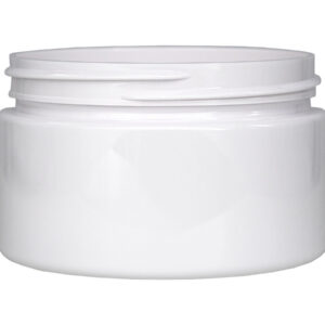 White cosmetic jar with a screw lid.